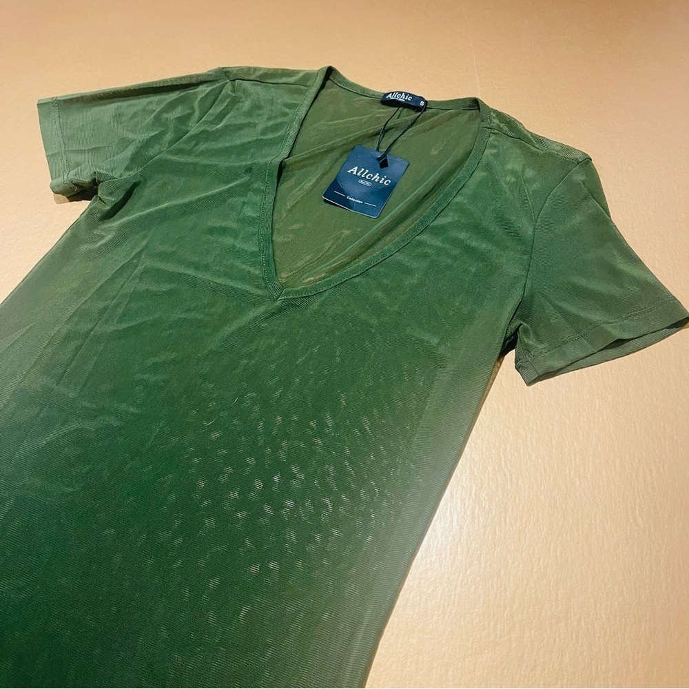 ALLCHIC Olive Green Transparent V Neck Top Size Small